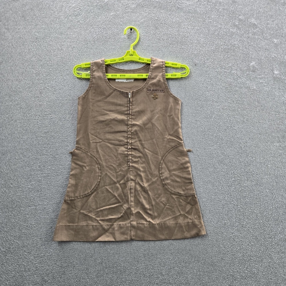 VINTAGE Girl Scouts USA Girls Dress 8 Brown Shift Zipper Sleeveless Logo